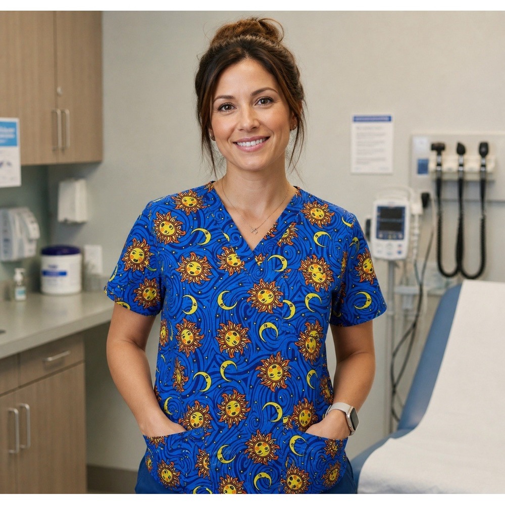 Celestial Medical Scrub Top Women Large Blue Gold Sun Moons Heavenly Just Love